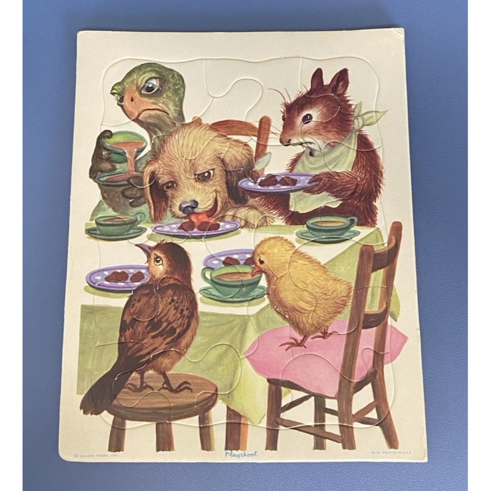VTG Playskool Golden Press Animals at Table Cardboard Frame Tray Puzzle 80-9A